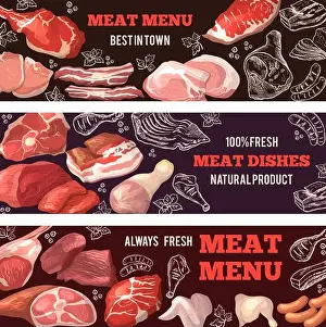 Thigh Prints: Banners with pictures of meat. Brochure design template for butcher shop