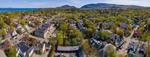 Cadillac Prints: Bar Harbor historic town center aerial view on Main Street with Cadillac Mountain in Acadia National Park