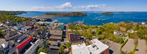 Art Building Prints: Bar Harbor historic town center on Main Street and Bar Island in Frenchman Bay aerial view