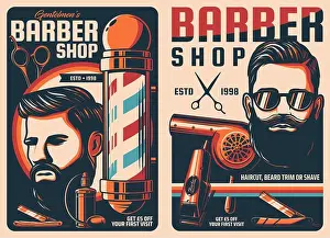 Sprayer Prints: Barbershop vintage posters. Hairdresser salon pole with color spiral