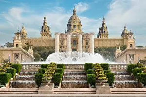 Barcelona Placa De Espanya, the National Museum with magic fountain in afternoon at Barcelona. Spain. Famous landmark in Spain