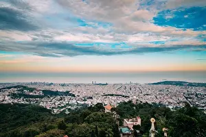 Barcelona, Spain. Aerial View Evening Panorama Of The City Cityscape From The Mountain Of Tibidabo