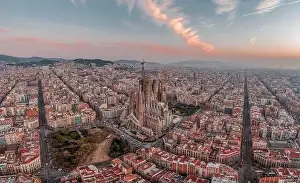 Before Sunrise Prints: Barcelona, Spain - Feb 25, 2020: Aerial drone shot of city center before Sunrise golden hour during Spain winter