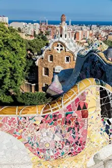 Antoni Gaudi Prints: Barcelona Spain Mosaic Bench Overlooking Roof of the Gingerbread House