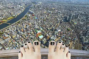 Stressful Prints: Barefoot woman on top of a building thinking of suicide