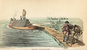 Miniature Prints: Barge being pulled along a canal in the inland navigation network