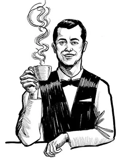 Bartender Prints: Barista with a cup of coffee. Ink black and white drawing