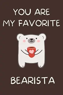 Barista day greeting card with cute polar bear holding cup of coffee. Happy bearista day. Favorite coffee shop worker