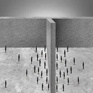 Adversity Prints: Barrier to business and restricted access to people due to a brick wall obstacle blocking communication