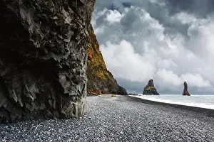 Landscape Prints: Basalt rock formations Troll toes on black beach near Reynisdrangar