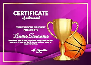 Diploma Prints: Basketball Certificate Diploma With Golden Cup Vector
