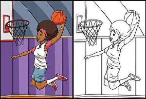 Team Sport Prints: Basketball Girl Slam Dunk Coloring Illustration