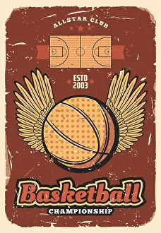 Hoop Prints: Basketball retro poster of ball with winner wings on sport court