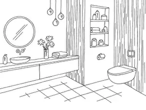 Interior Architecture Prints: Bathroom graphic home interior black white sketch illustration vector