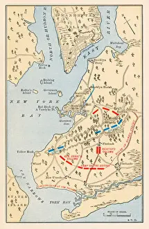 Long Island Prints: Battle of Long Island battlefield map, Revolutionary War. Color lithograph