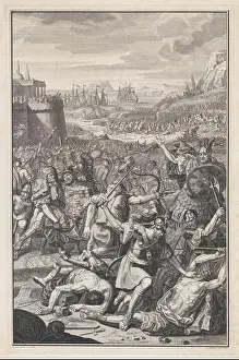 Philips Prints: Battle scene with a man about to be stabbed with a sword at lower right 1730 Jan Caspar Philips