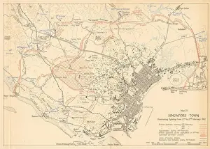 1942 Prints: Battle of Singapore. Town city. 12th to 15th February 1942 1957 old map