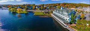 Bay point at Mill Falls with fall foliage panoramic aerial view with Meredith Bay in Lake Winnipesaukee in town of