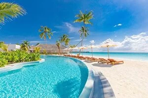 Images Dated 2nd August 2019: Beach landscape. Luxurious beach resort with swimming pool and beach chairs or loungers under