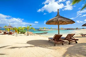 Parasol Prints: Beach scene with straw parasols, Mauritius