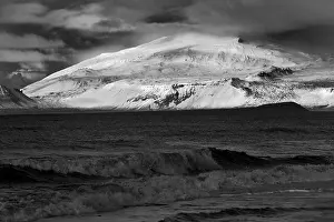 Snaefellsnes Prints: Beach with surf and the Snaefellsjoekull glacier