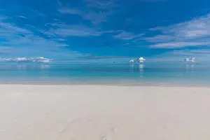Beach and tropical sea, tranquil nature landscape, scenic with ocean water. Horizon, seascape. Peaceful endless view
