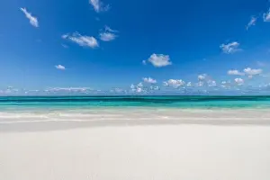 Beach and tropical sea. Tranquil summer seascape and coastline. Zen colors of beach landscape