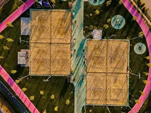 Beach Volleyball in Urban Park. Abstract Drone Top Down View