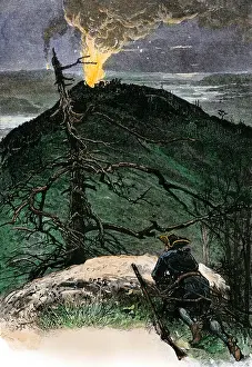 Continental Army Prints: Beacon-fires in the hills along the Hudson River celebrating end of Revolutionary War