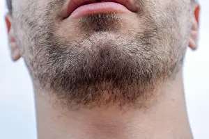 Chin Prints: Bearded male chin. Beard on the face of a young man