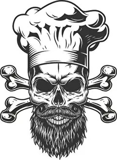Crossbones Prints: Bearded and mustached chef skull with crossbones in vintage monochrome style isolated vector illustration