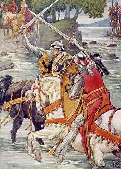 Knights Prints: Beaumains (Sir Gareth) is winning the fight against the Green Knight at the ford