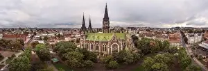 Beautiful 180 degrees panoramic landscape of Lviv city with old Neo-Gothic style church of Sts