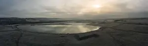 Sheffield Prints: Beautiful aerial panoramic of frozen Lakes and misty morning winter sunrise