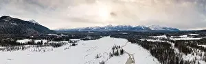 Beautiful Aerial Panoramic View of Canadian Mountain Landscape during a vibrant winter day