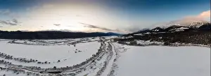 Rocky Mountain Prints: Beautiful Aerial Panoramic View of Canadian Mountain Landscape during a vibrant winter sunset