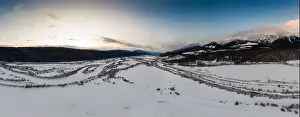 Rocky Mountain Prints: Beautiful Aerial Panoramic View of Canadian Mountain Landscape during a vibrant winter sunset