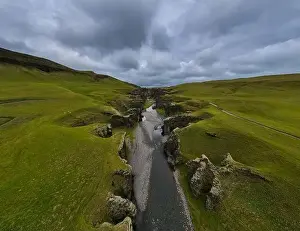 Stone Stream Prints: Beautiful aerial view of the Fjadrargljufur Canyon in Iceland on summer