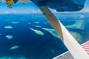 Beautiful aerial view of resort water bungalows in Maldives