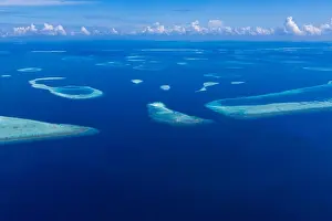 Beautiful aerial view of resort water bungalows in Maldives