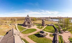 Trinity Prints: Beautiful Aerial view to traditional Russian village with orthodox wooden chapel and bell tower in Bogoslovka manor