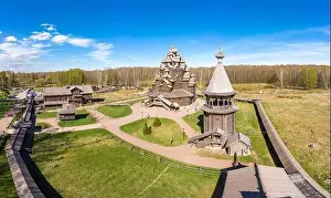 Trinity Prints: Beautiful Aerial view to traditional Russian village with orthodox wooden chapel and bell tower in Bogoslovka manor