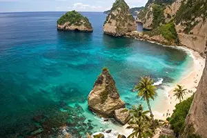 Bay Rock Prints: beautiful aerial view of tropical paradise beach and rock cliff with amazing turquoise sea water