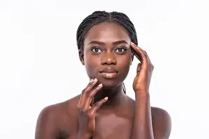 Beautiful african woman face close up portrait on white background