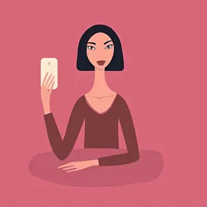 Messages Prints: Beautiful Asian woman with black short straight hair wearing red top sitting at table holding mobile phone in her hand