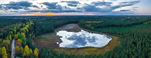 Hight Prints: Beautiful autumn landscape. Panorama view of Kangari lake from above. Latvian nature