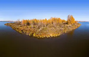 Water Island Prints: Beautiful autumn panorama from the height of the island in the middle of the lake