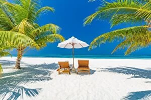 Images Dated 16th January 2017: Beautiful beach resort, loungers. Summer holiday and vacation concept background