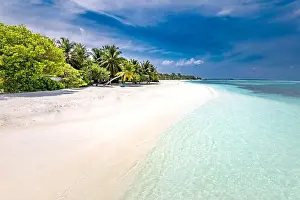 Beautiful beach and tropical sea. Wonderful beach nature, Maldives scenery, perfect view of exotic landscape, white sand and blue sky. Luxury resort