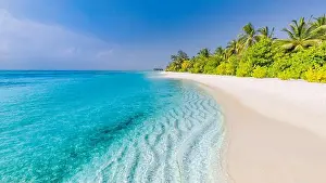 Beautiful beach and tropical sea. Wonderful beach nature, Maldives scenery, perfect view of exotic landscape, white sand and blue sky. Luxury resort